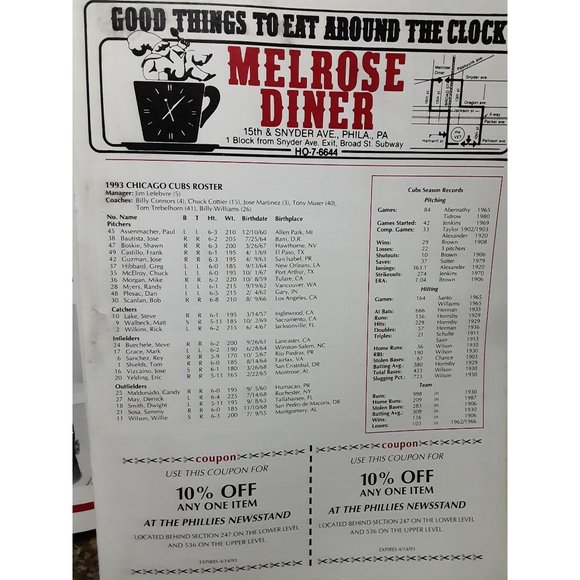 1993 Philadelphia Phillies scorebook Unscored Cubs Kruk - Picture 2 of 4